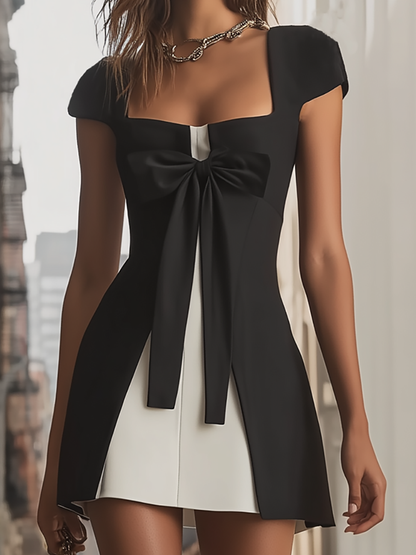 Musevibe Black and White Contrast Bow Detail Mini Dress