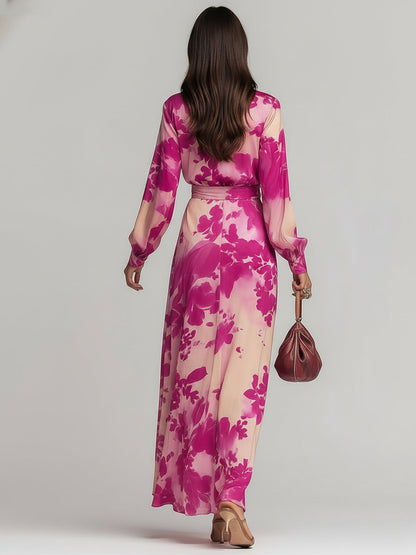 Musevibe Romantic Rose-Red Floral V-Neck Tie-Waist Maxi Dress