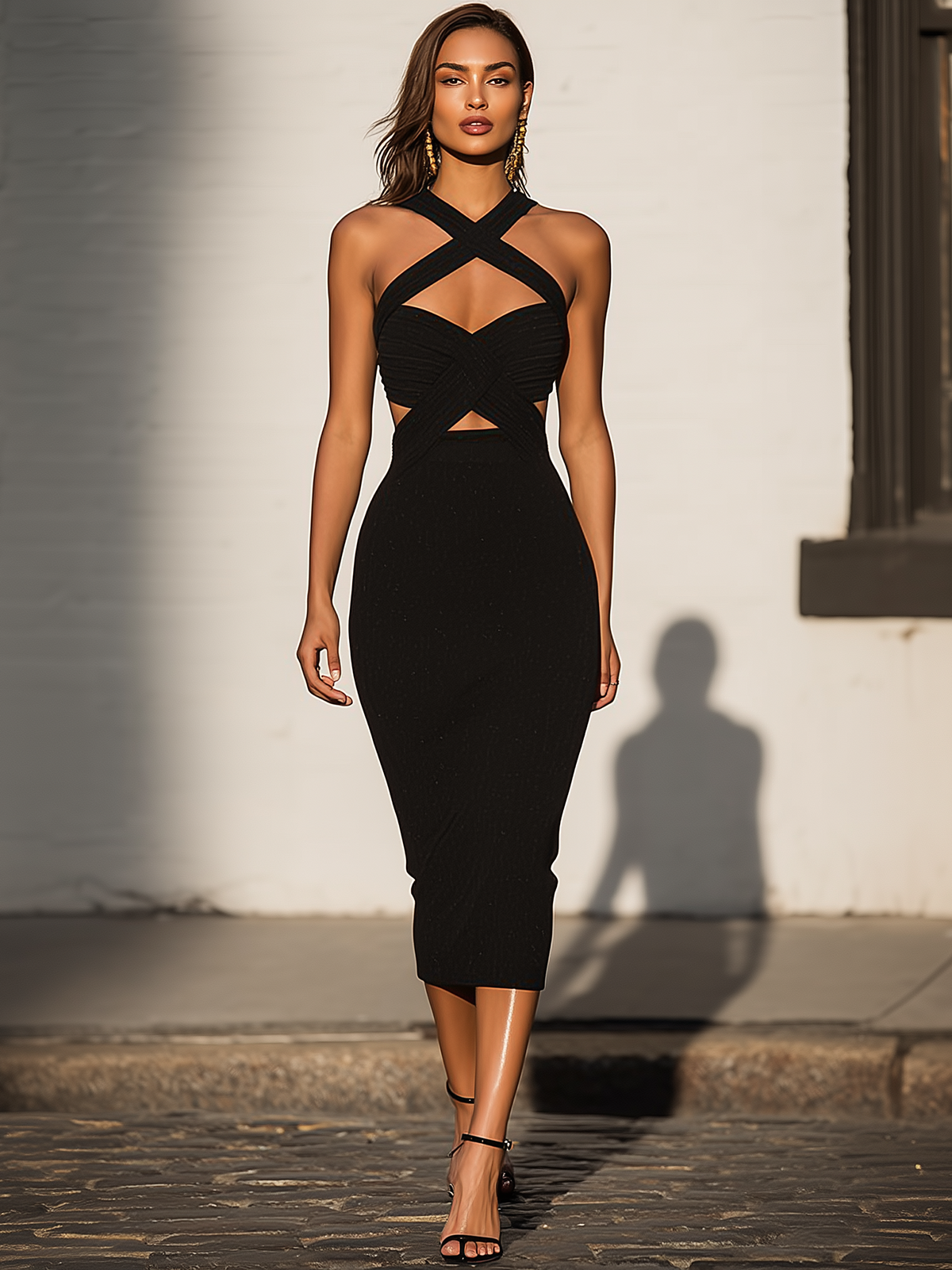 Musevibe Black Criss-Cross Detail Bodycon Midi Dress