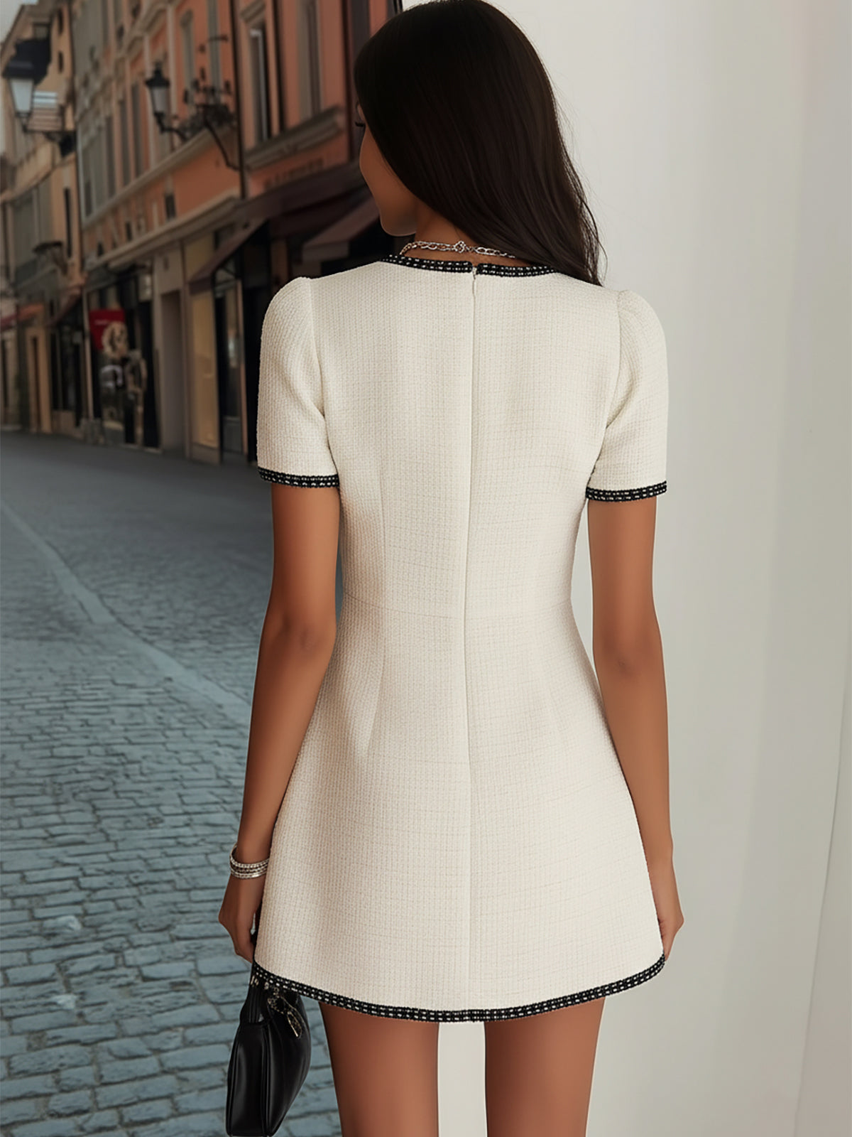 Musevibe Chic Cream Tweed Short Sleeve Mini Dress with Black Trim