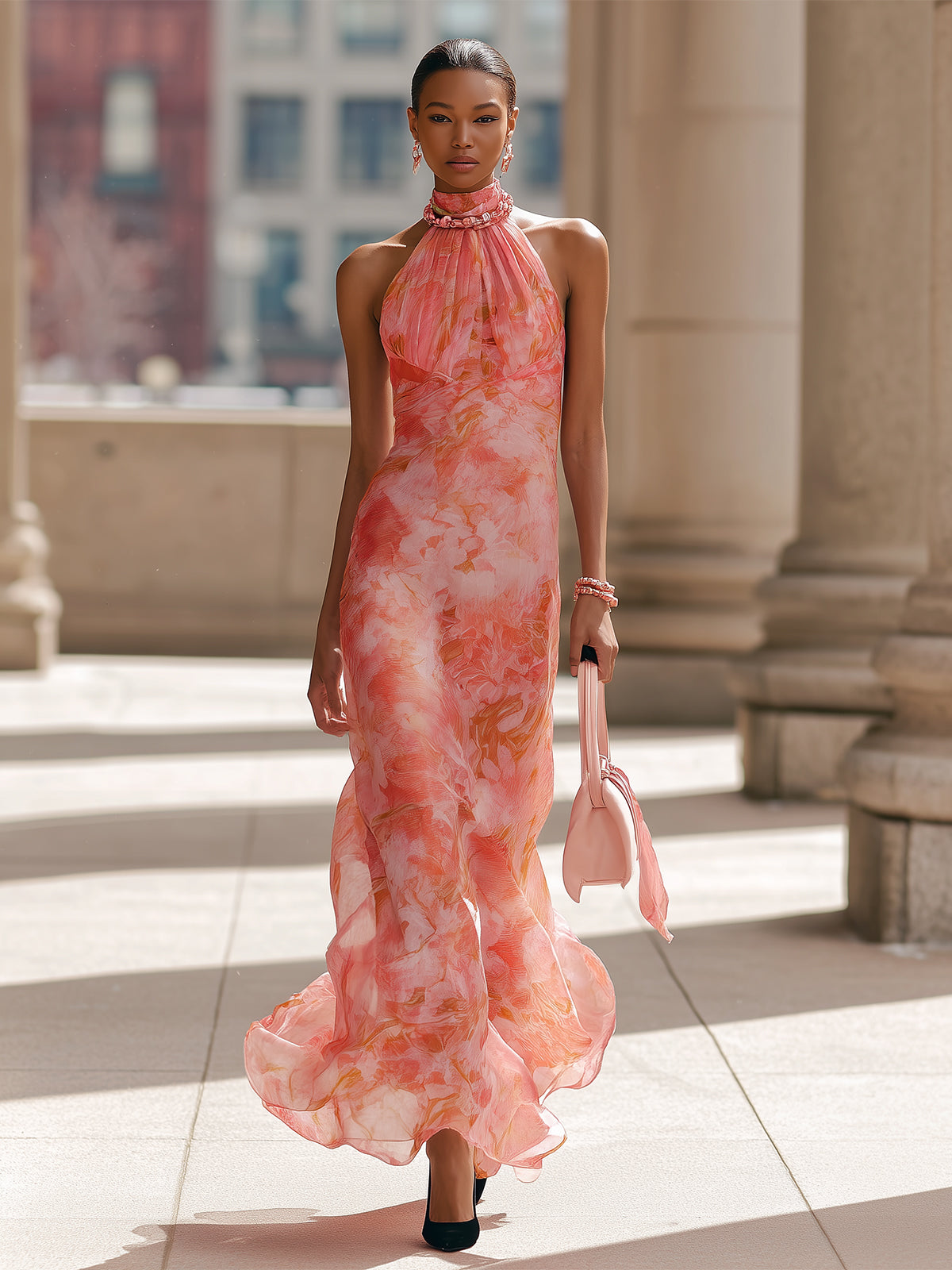 Musevibe Pink Floral Print Chiffon Halter Maxi Dress
