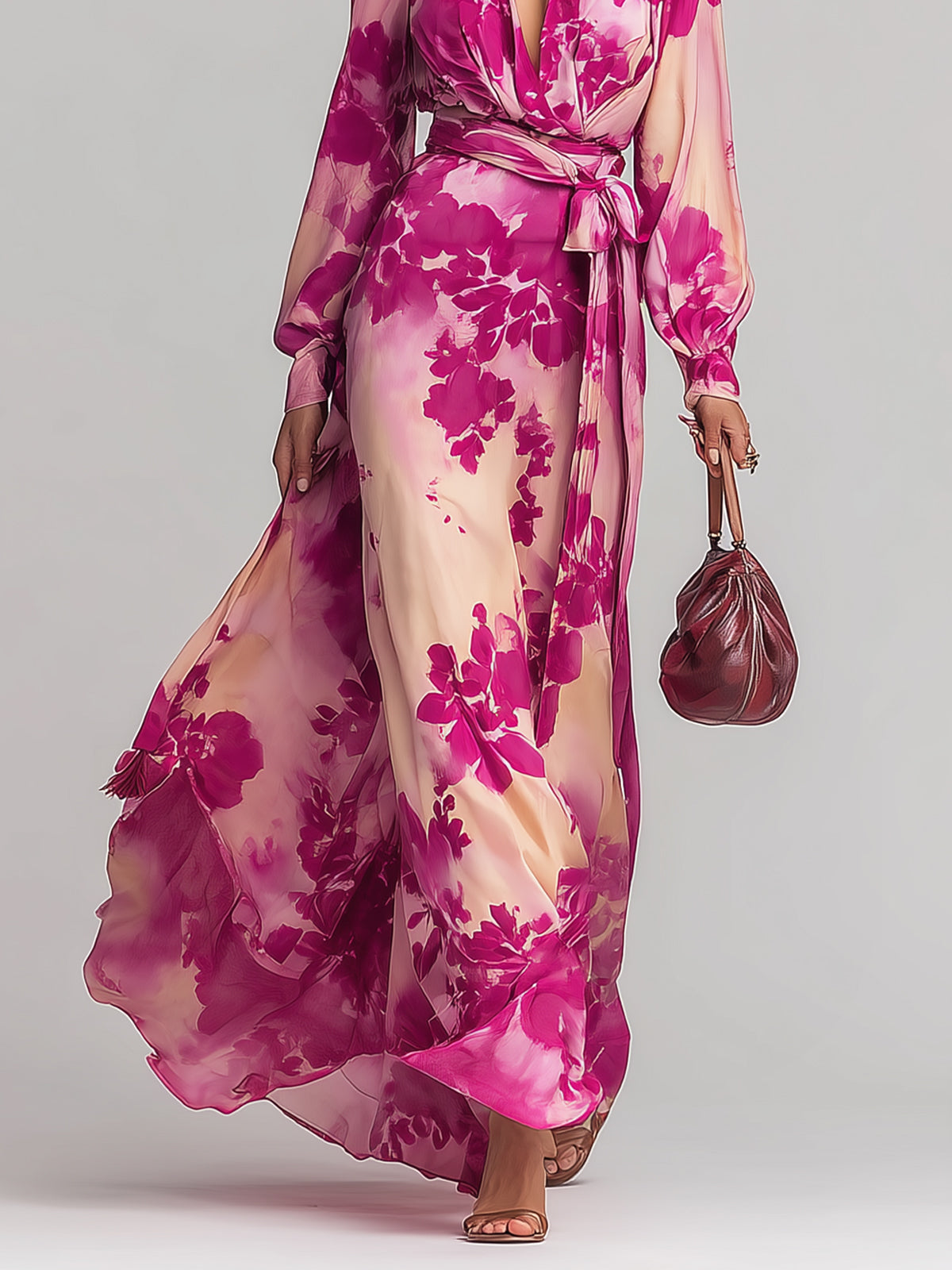 Musevibe Romantic Rose-Red Floral V-Neck Tie-Waist Maxi Dress