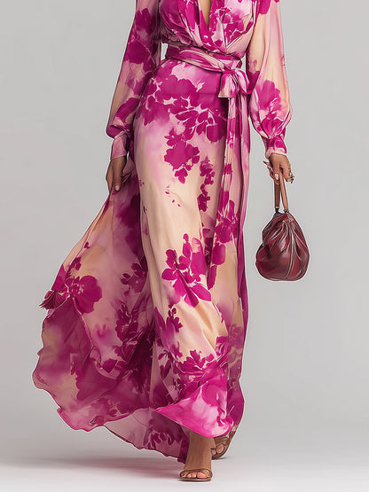 Musevibe Romantic Rose-Red Floral V-Neck Tie-Waist Maxi Dress