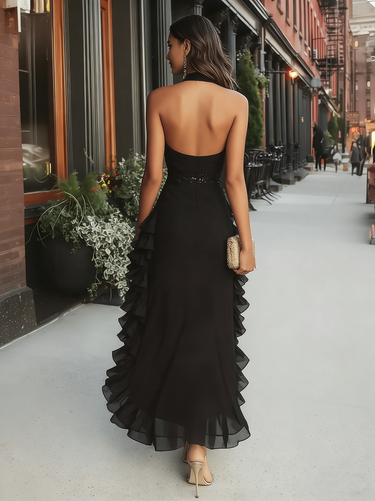 Musevibe Black Halter Neck Ruffled High-Low Maxi Dress