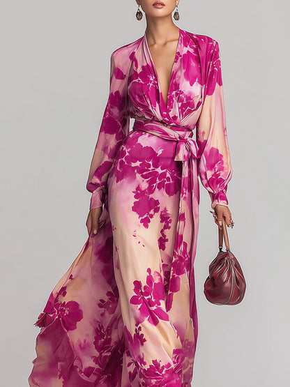 Musevibe Romantic Rose-Red Floral V-Neck Tie-Waist Maxi Dress