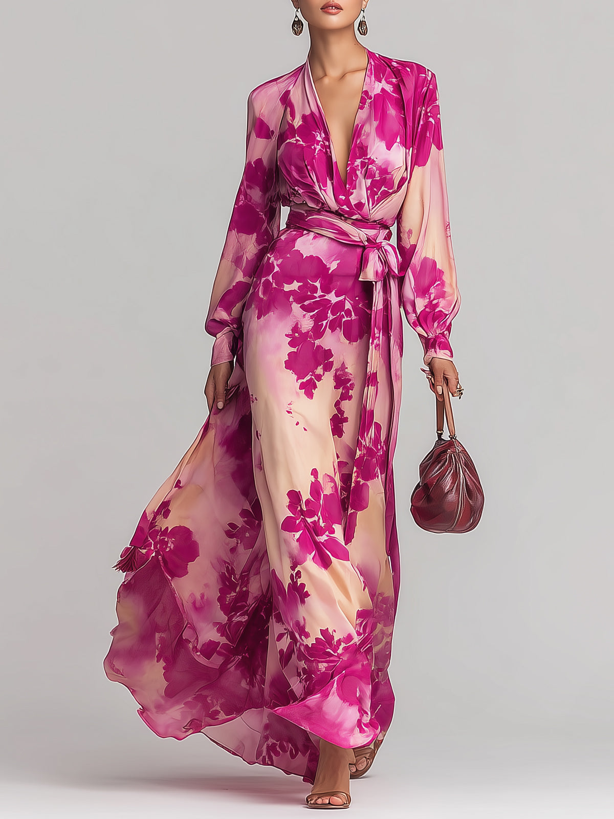 Musevibe Romantic Rose-Red Floral V-Neck Tie-Waist Maxi Dress
