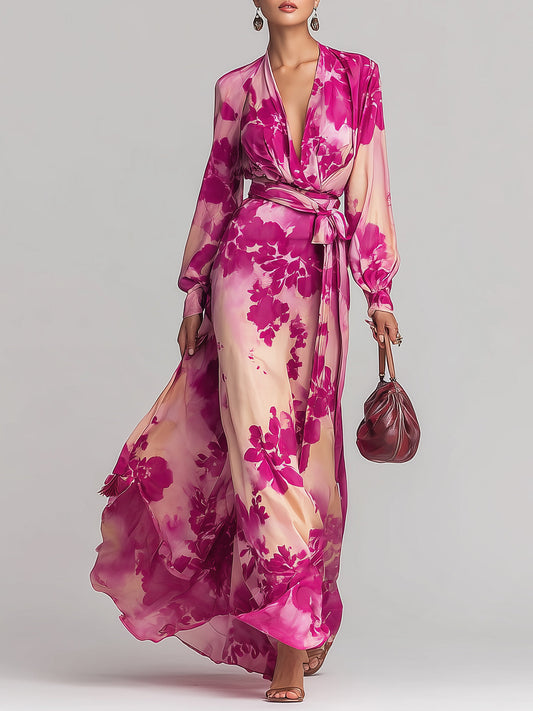 Musevibe Romantic Rose-Red Floral V-Neck Tie-Waist Maxi Dress